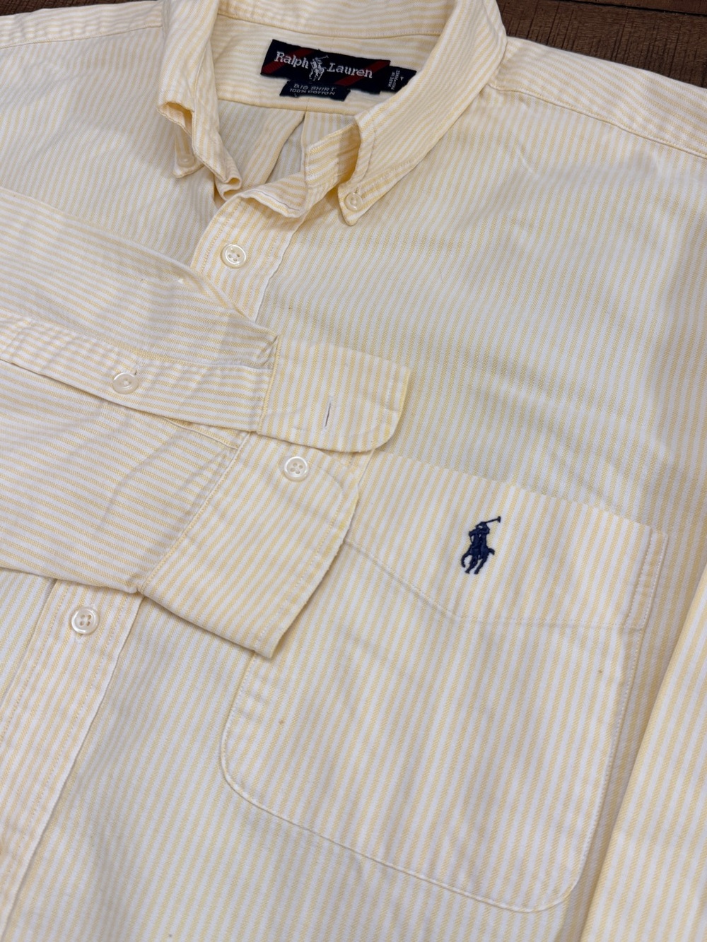 Vintage Big Shirt Ralph Lauren Yellow Striped Cotton Button-Down Shirt